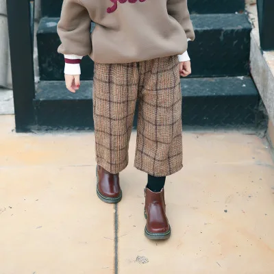 

Winter new 2018 girls lattice woolen wide leg pants nine pants