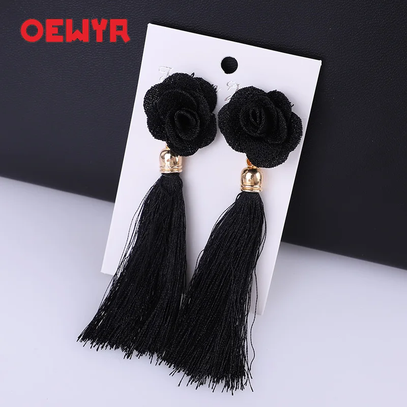 HTB1Fk5HcMmH3KVjSZKzq6z2OXXaF - Fashion Bohemian Tassel Crystal Long Earrings flowers White Red Silk Fabric Drop Dangle Tassel Earrings For Women 2019 Jewelry