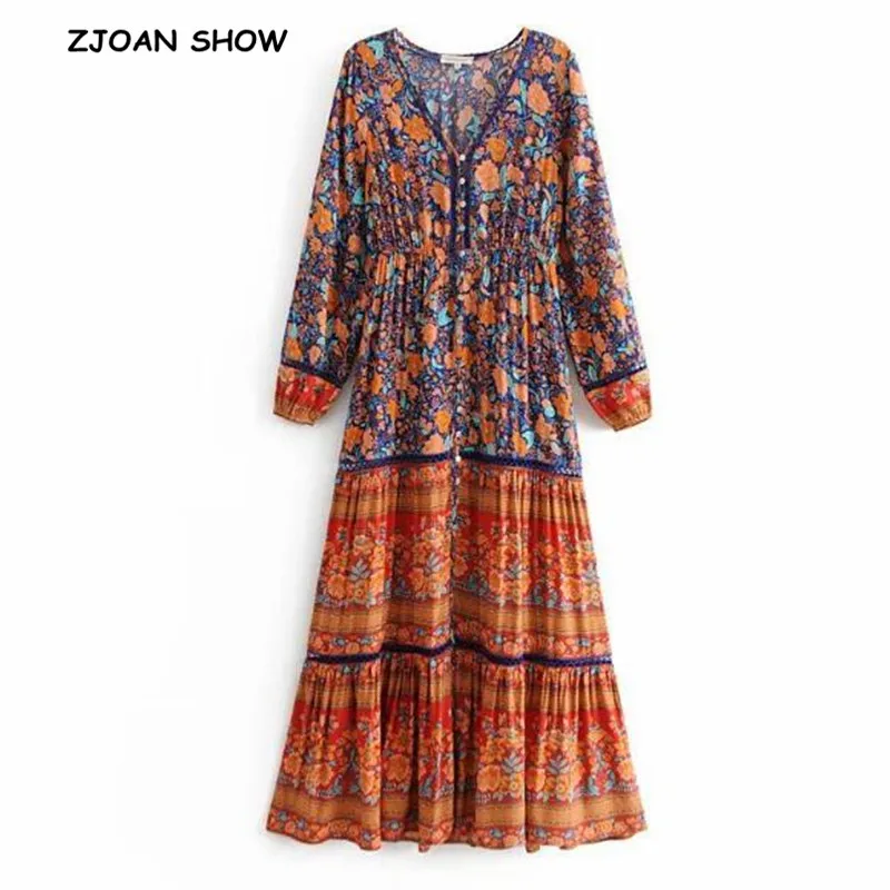 

2019 New Women Bohemian Floral Print Single-Breasted Dress Blue Spliced Lace V neck Long Sleeve Maxi long Dresses Femme Vestido