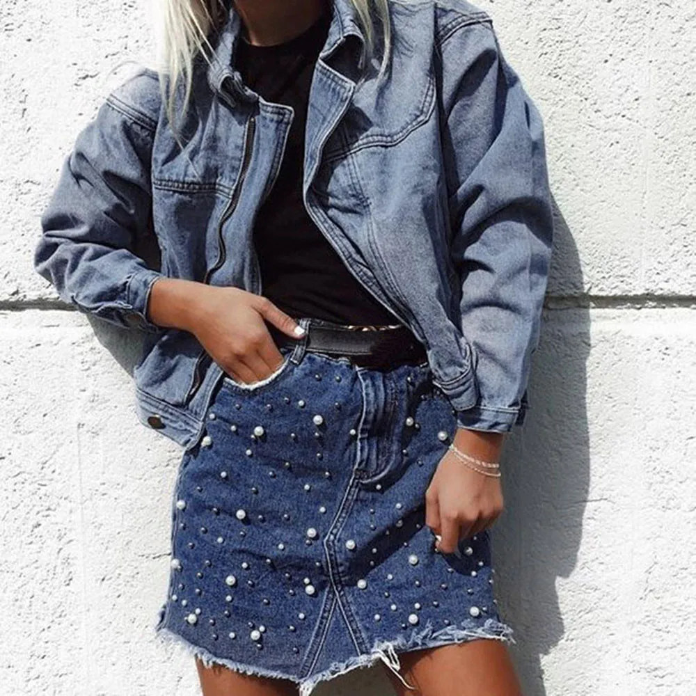 

Women Summer Jeans Skirt Jupe Irregular Edges Denim Skirts Female Mini Saia Washed Faldas Artificial Pearl Casual Pencil Skirt