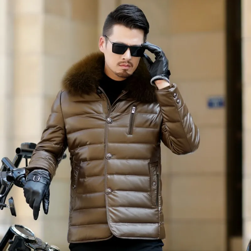 Мужской пуховик из овчины с меховым воротником, зимние кожаные повседневные куртки, теплые и мужские пальто, мотоциклетная куртка N519