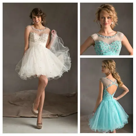 

Sexy See Through Short Beaded Mint Green White New 2015 Ruffle Organza Party Gowns for girls Cocktail Dress