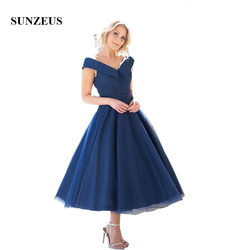 Navy Blue Tulle Dress for Bridesmaid Sweetheart Off the Shoulder Maid of Honor Dresses Lace Prom