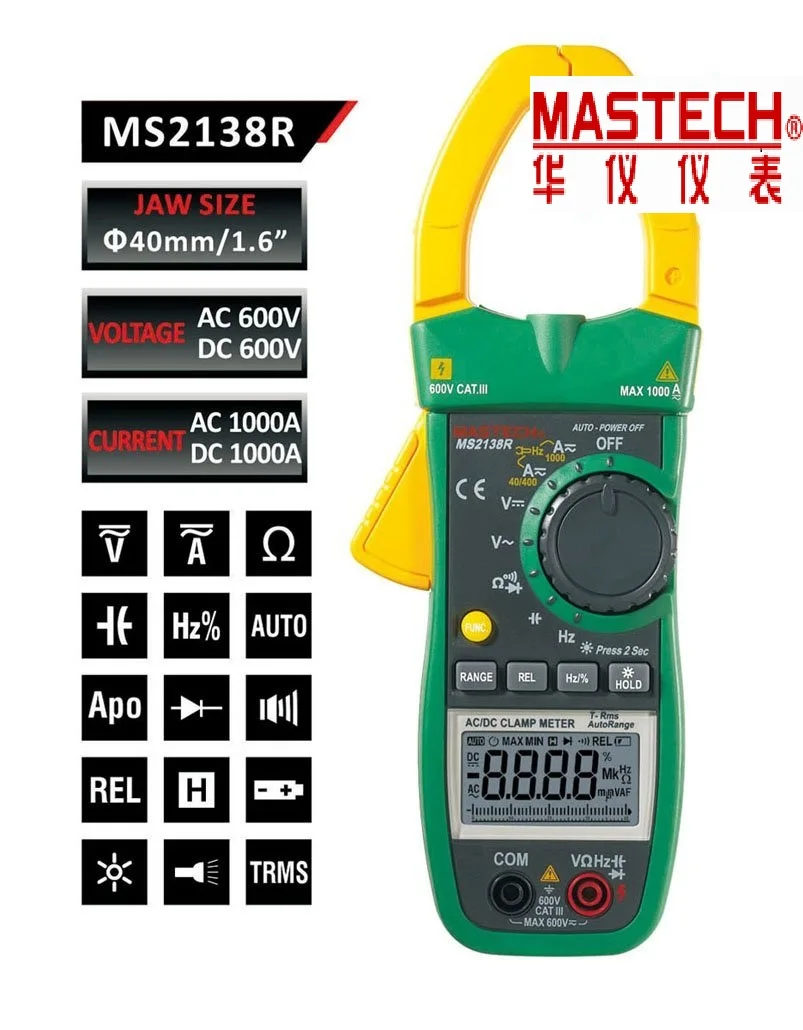 

MASTECH MS2138R Digital Clamp Meter AC DC Clamp Meter Multimeter 4000 Counts Voltage Current Capacitance Resistance Tester