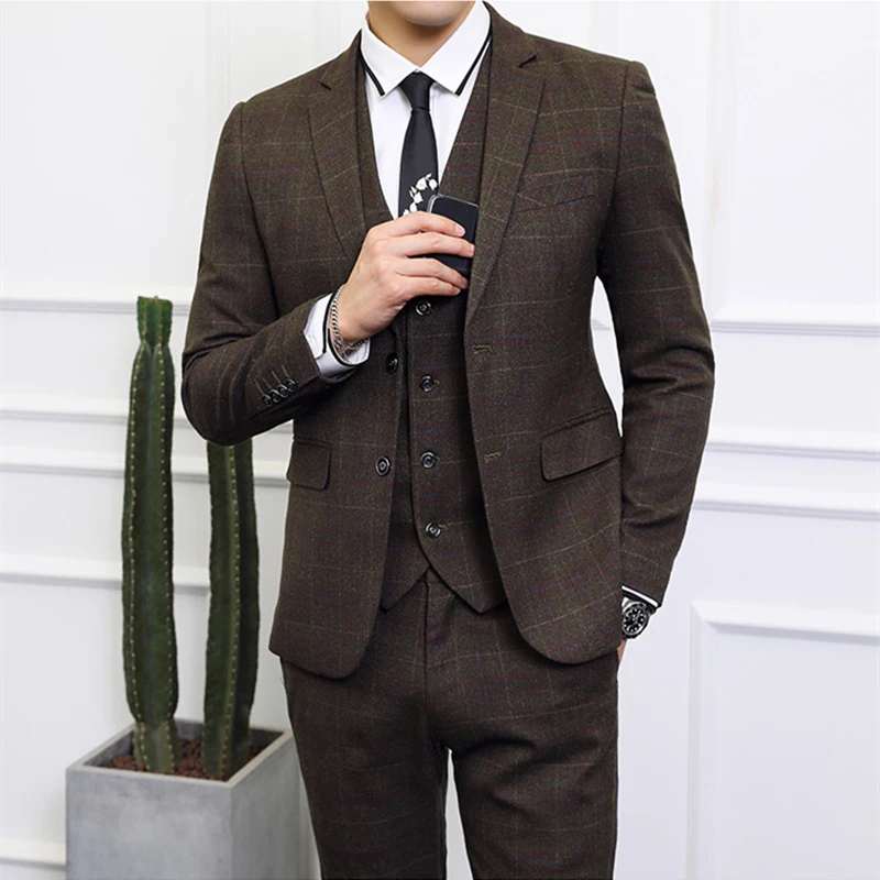 Элегантный Мужской приталенный клетчатый костюм мужские брендовые деловые