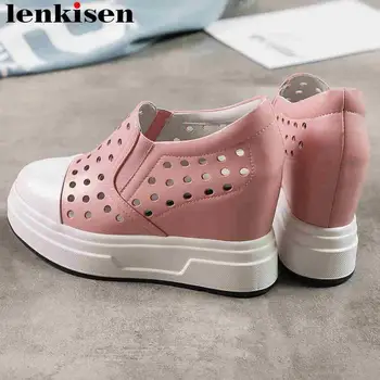 

Lenkisen mixed colors genuine leather super high heels slip on loafers round toe ventilated hole daily wear vulcanized shoes L30