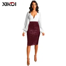 XIKOI, Женская Блестящая юбка с блестками, женские летние юбки, модные, высокая талия, одноцветные, тонкие, узкие, замшевые юбки, вечерние, Клубная, миди юбка