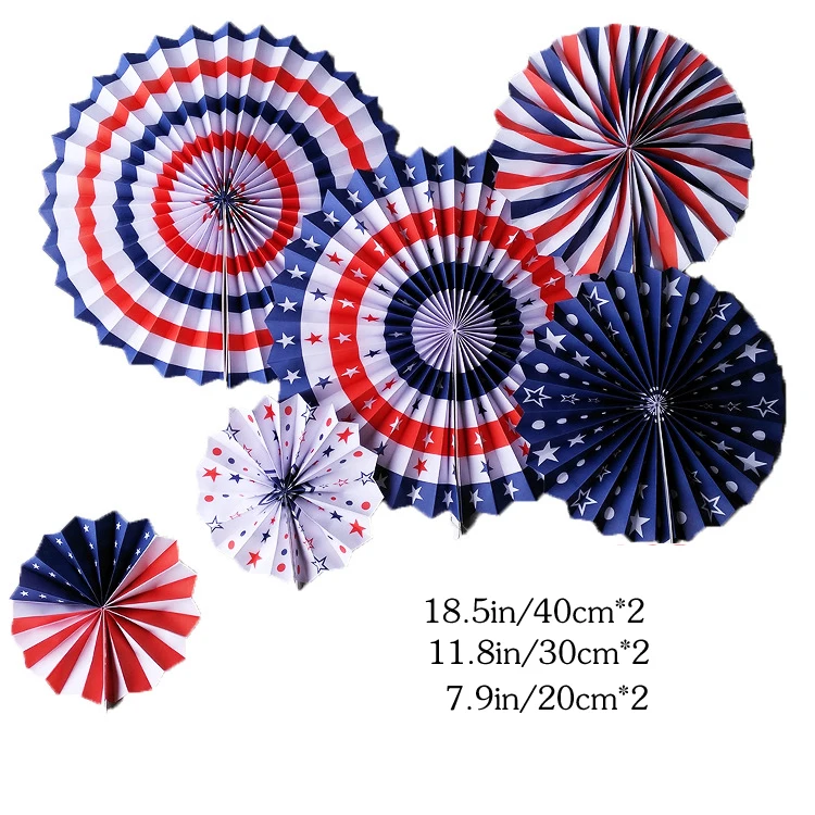 6pcs Round Hanging Paper Fans USA Red White Blue Star Strips Tissue Fan