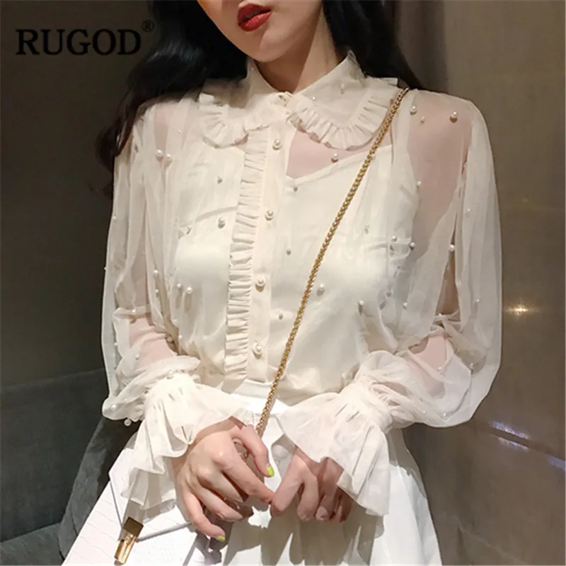 RUGOD 2019 прозрачные весенние женские топы и блузки с расклешенными рукавами