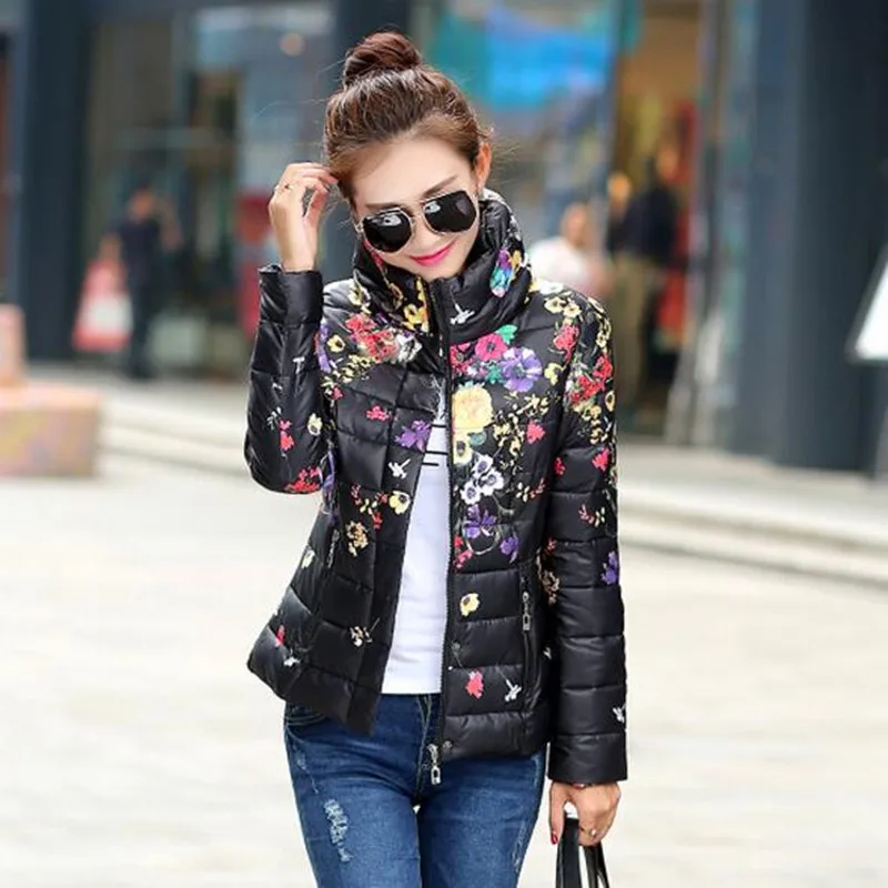

2017 winter influx of new large size stand collar cotton jacket Women's Slim fashion floral winter jacket women jaqueta de couro