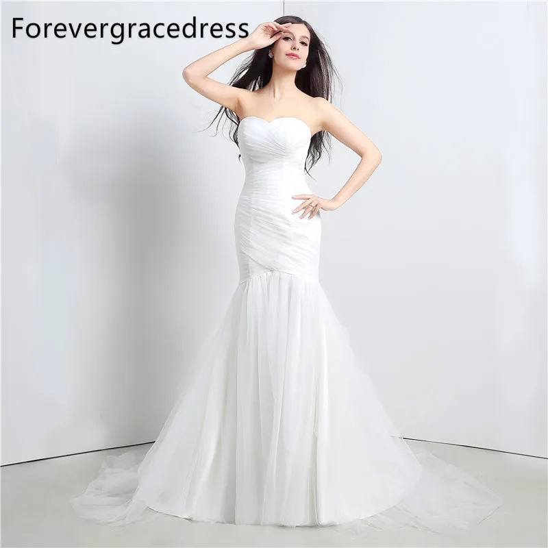 Forevergracedress Real Photos White font b Wedding b font Dress Mermaid Sweetheart Long Lace Up Back