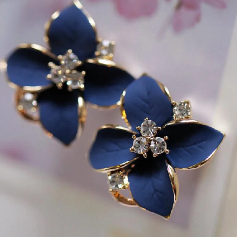 

Latest Fashion Crystal Flower Stud Earring for Women Four-Leaf Clover Blue Flower Party Ear Stud Earrings