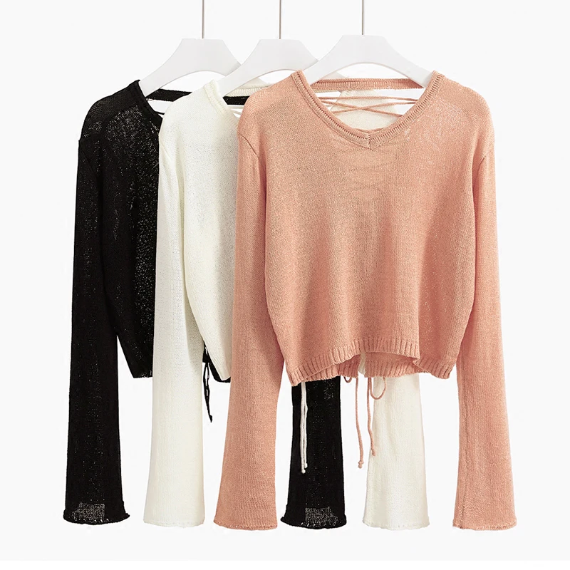 

2019 spring autumn New Women Pure color thin perspective sexy knitted Women's wear Flare Sleeve Short paragraph Top Pullovers