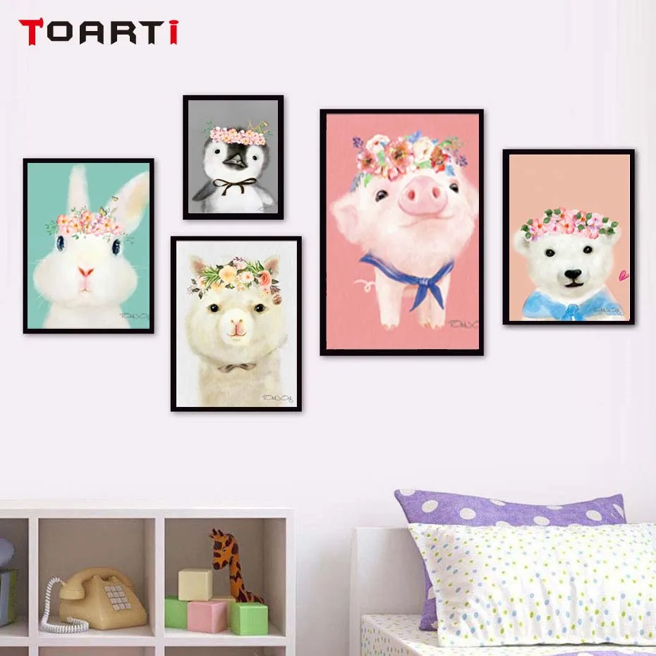 Cartoon Vivid Animals Pig Rabbit Penguin Wall Art Murals Poster&Prints Canvas Painting For Kids Bedroom Wall Picture Home Decor (2)