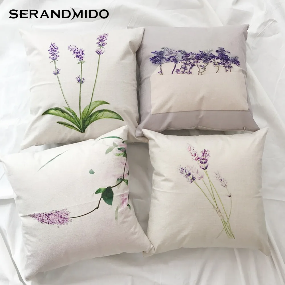 Lavender Cushion Cover Violet Flowers Printed Linen Cotton 45X45cm PillowCases Valentine's Day Gift Home Decor SMC1793T-90 | Дом и сад