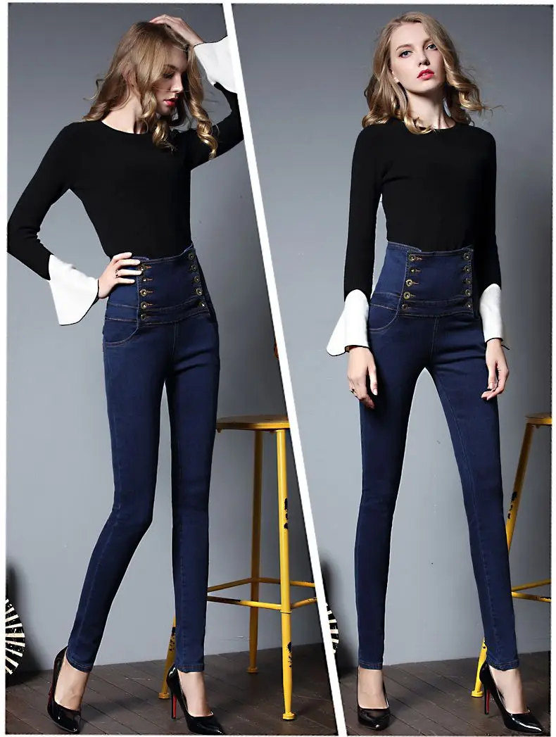 Женские джинсы с высокой талией, большие размеры, обтягивающие эластичные джинсовые узкие брюки, кружевные и пуговицы, брюки, брюки G112201