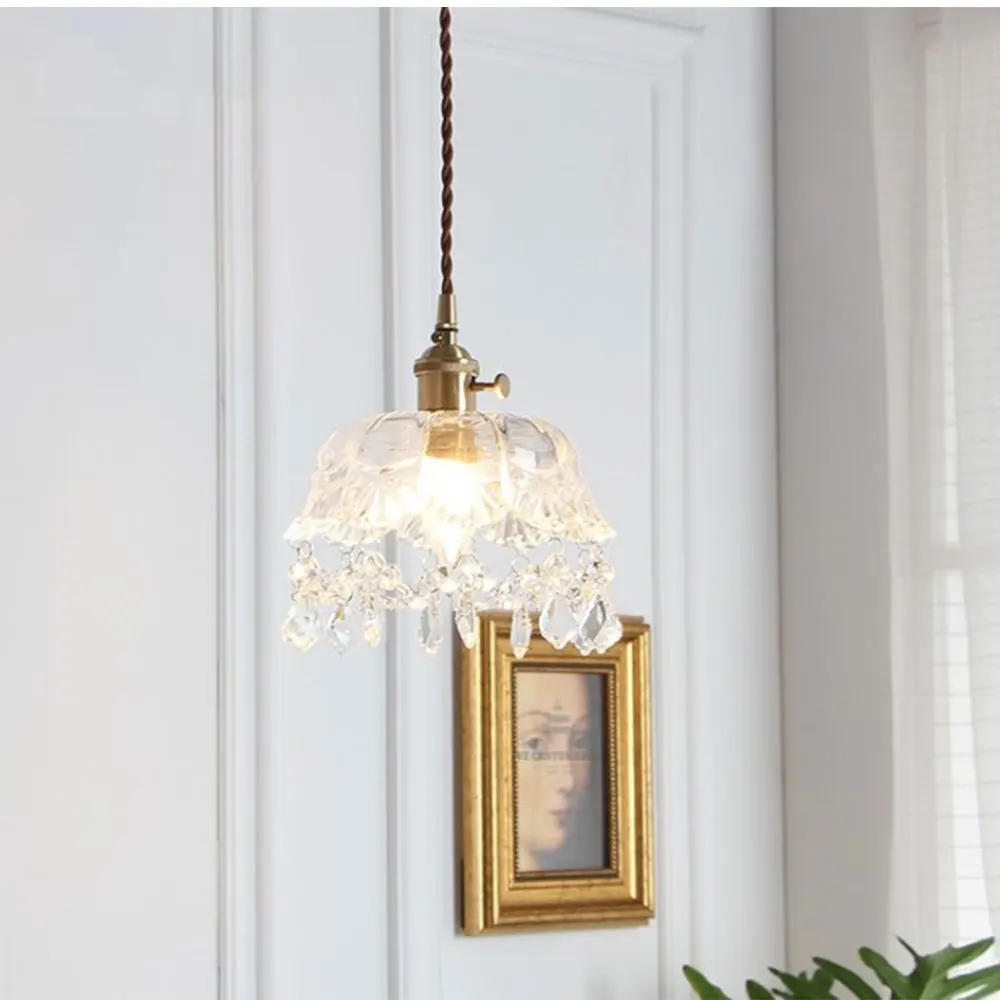  Vintage brass crystal glass Pendant lamp living room Fixtures Glass European Retro Pendant Lighting - 33011488548