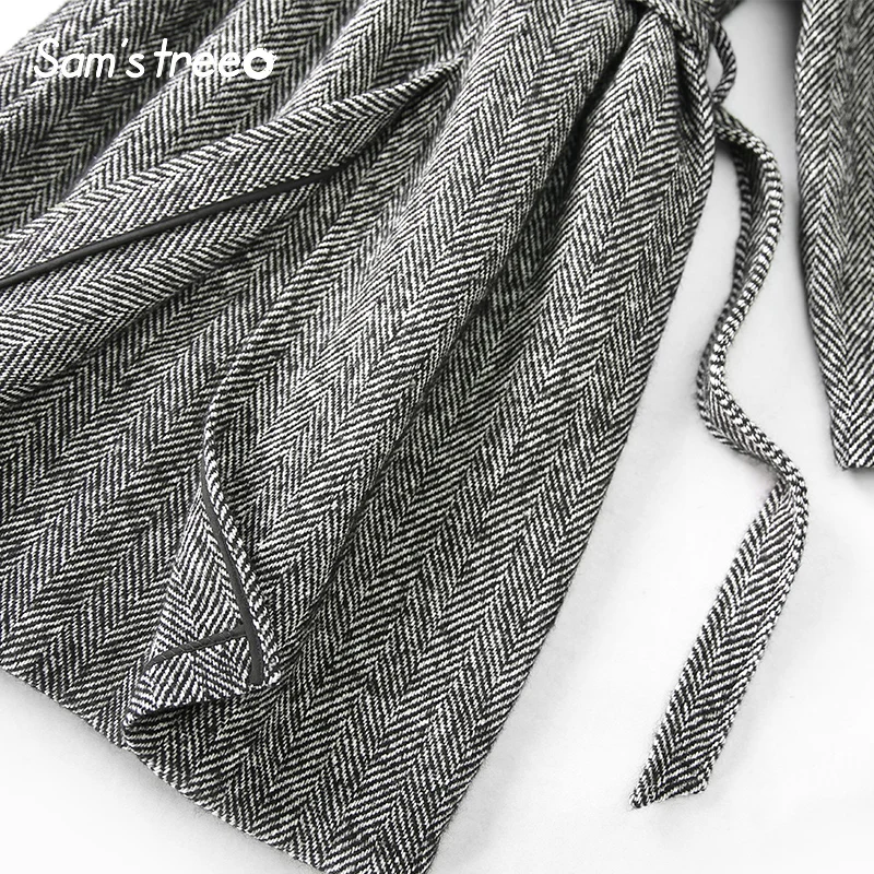 Samstree New Winter Vogue Women Wool Coat Oversize Long Double-Breasted Belt Turn-down Collar Pocket Outwear Coat Over Size