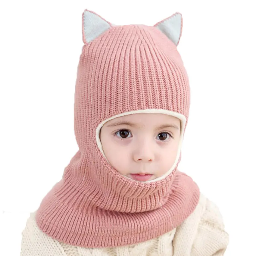 

Beanie Warm Hat Kids Children Knitted Hooded Scarf Winter Circulal Knit Striped Earflap Ear Cap Scarves 2018 Child Accessories