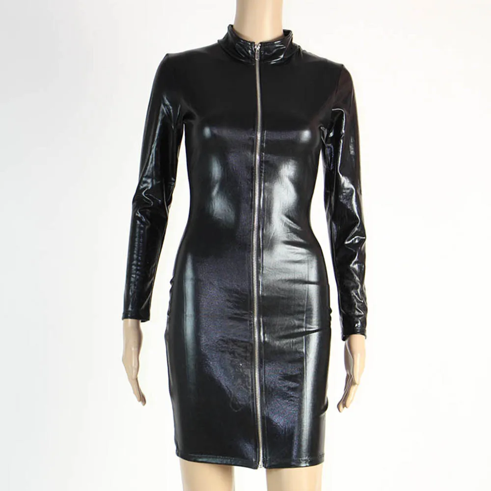 Gothic Wetlook Vinyl Dresses Women Autumn Club Party Dress Black Turtleneck Long Sleeve Front Zipper Back Lace Up Shiny Clubwear