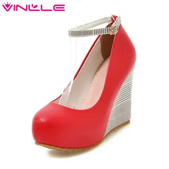 

VINLLE 2020 Spring Shoes PU leather Women Wedge High Heel Pointed Toe Ankle Strap Solid Platform Ladies Wedding Pumps Size 34-43