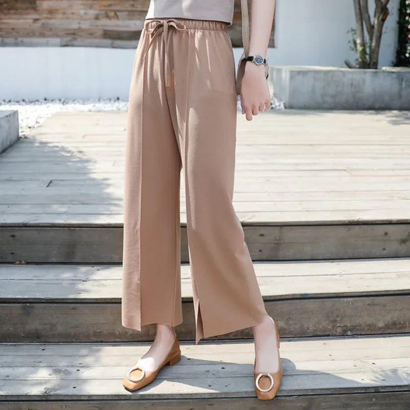 Wide leg pants female spring summer 2019 new Korean loose wild nine points straight pants split fork chiffon casual pants woman Wide leg pants female spring summer 2019 new Korean loose wild nine points straight pants split fork chiffon casual pants woman