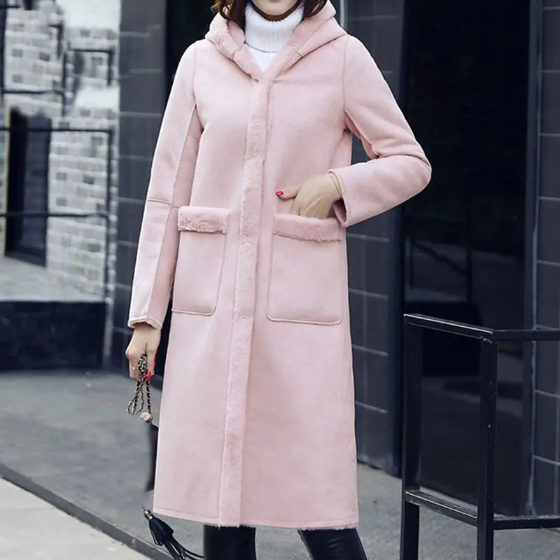 Высокое качество, женская зимняя куртка из овечьей кожи, кашемировая куртка с капюшоном, пальто с обеих сторон, верхняя одежда размера плюс QH1079 - Цвет: Розовый