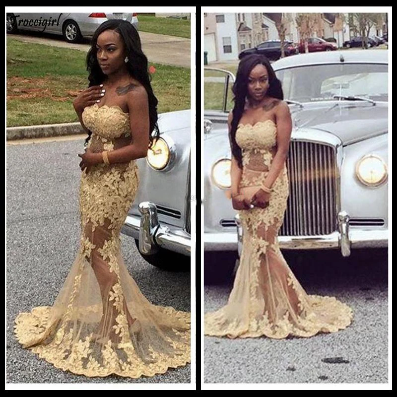 

New Coming Mermaid Gold Lace Prom Dresses Illusion Strapless Slim Formal Dress Sweep Train Custom Made Evening Gowns