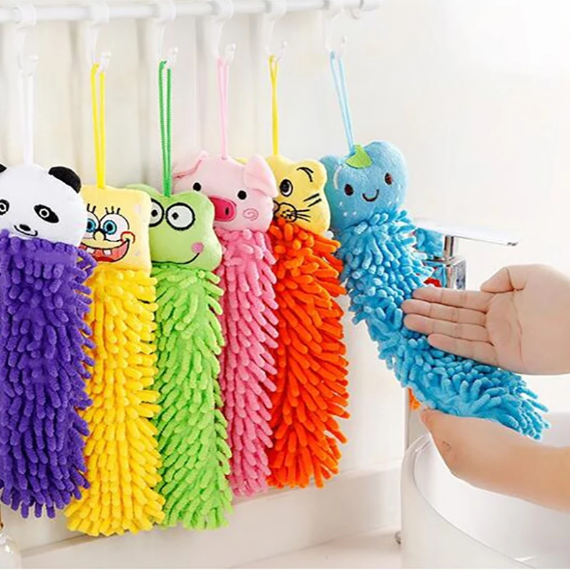 1pc Home Kitchen Hanging Towels Chenille Hand Face Wipe Towels Baby KidsBathroom Cute Cartoon Animal Handkerchief Random Color