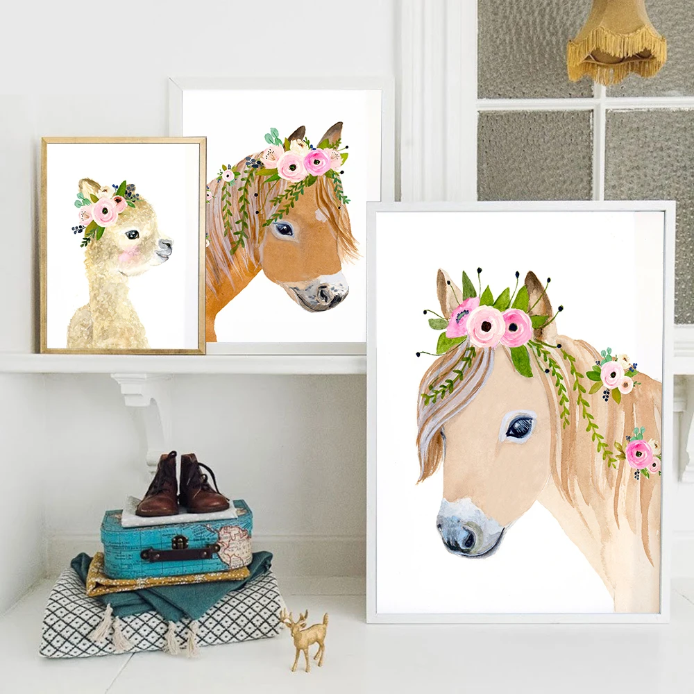 

Flower Pony Alpaca Girl Canvas Wall Art Nursery Animal Horse Llama Posters and Prints Decorative Pictures For Living Room Decor