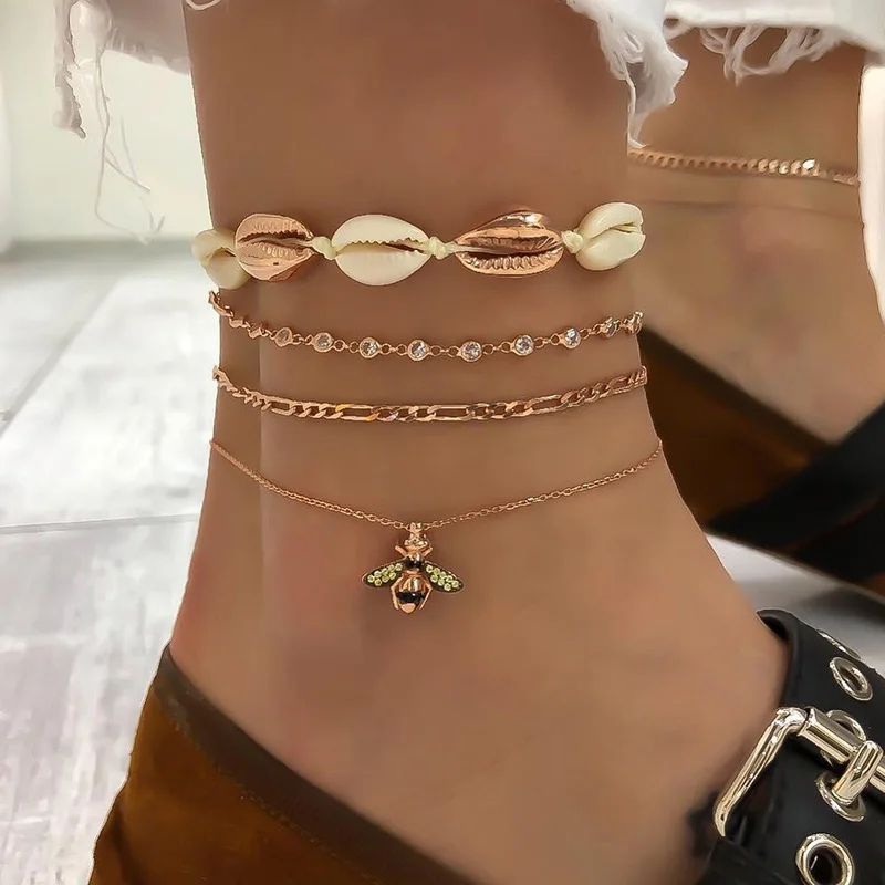 

4 Pcs/ Set Fashion Bee Shell Chain Crystal Gem Gold Pendant Multilayer Anklet Set Women Exquisite Jewelry Lover Gift