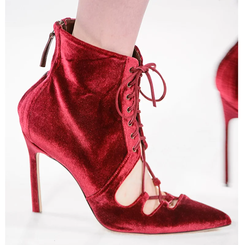 

Woman Boots Back Zipper Short Booties Pointed Toe High Thin Heels Hallow Out Woman Shoes Front Lace Up Shoes Chic Runway Shoes