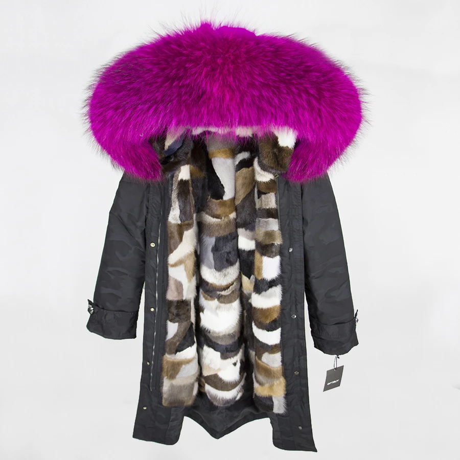 OFTBUY пальто с натуральным мехом, зимняя куртка для женщин, удлиненная Камуфляжная парка, большой воротник из натурального меха енота, капюшон, подкладка из натурального меха норки - Цвет: black Camouflage 19