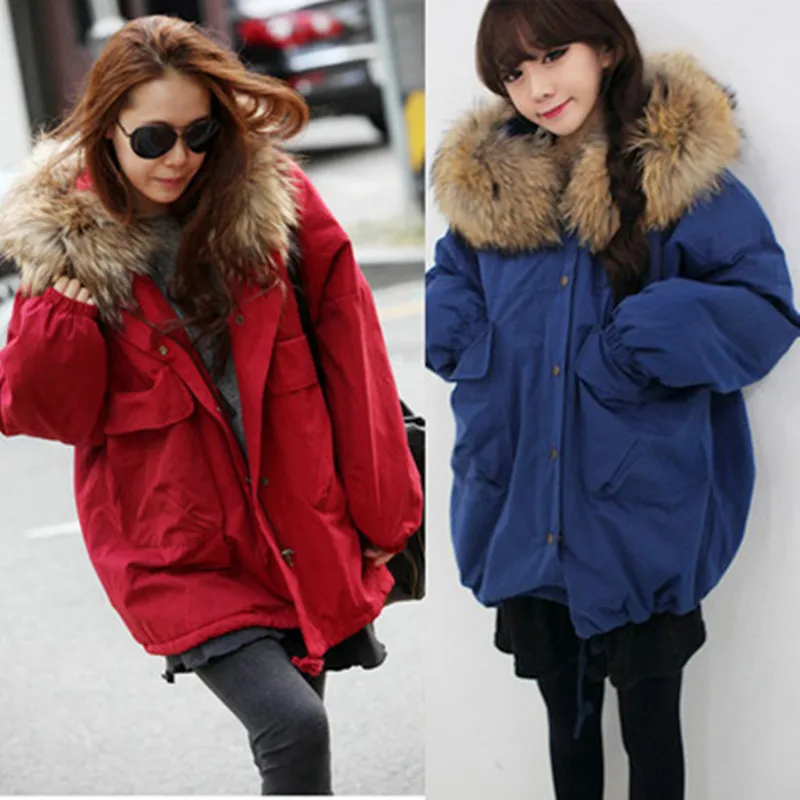 

Freeshipping New Autumn Winter Women Coats fashion Vestido casual loose 2 Colour Hooded fur Collar Cotton Coat Women Outerwear