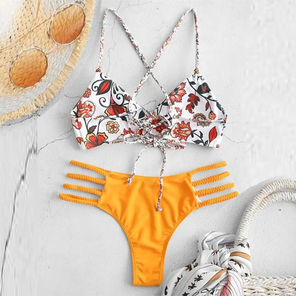 

Women's Swimming Suit Sexy Bikini Swimsuit Women Swimwear Flower Print Bikini Cut Flower Swimsuit Push ups Swimwear Beachwear