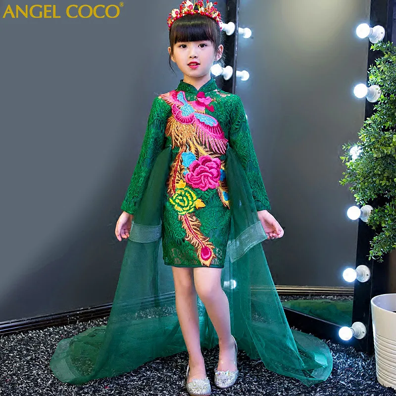 

Green Chinese Dress For Girl Embroidery Flower Girl Cheongsam Clothing Children Evening Dress Robe Princesse Enfant Fille G