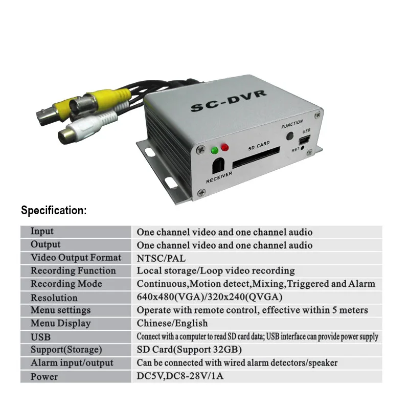 1CH мини кабель DVR для видеонаблюдения цифровой видеорегистратор Поддержка sd-карты аудио запись Обнаружение движения