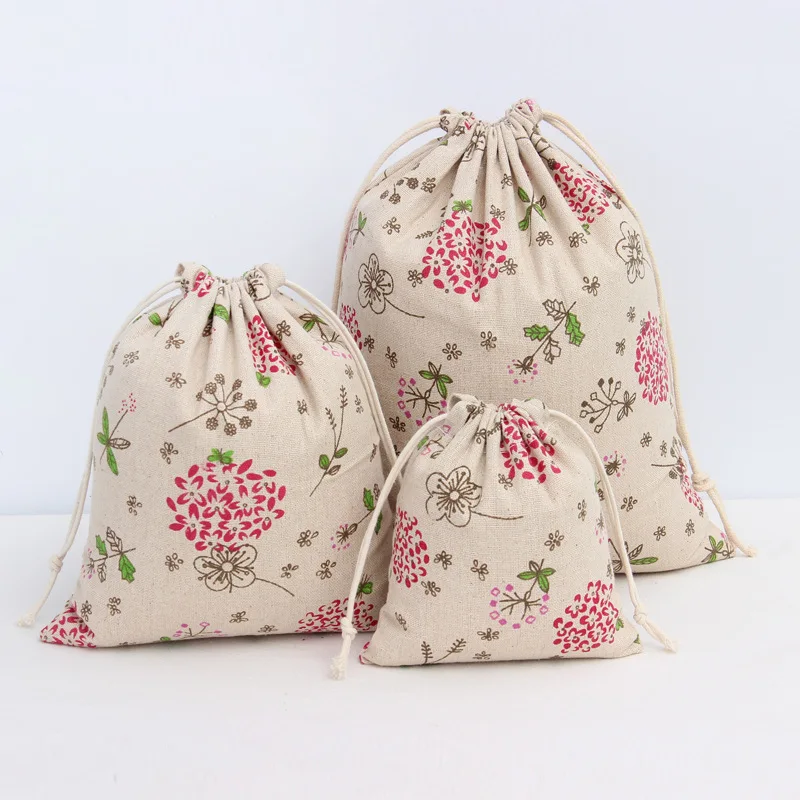 

N049 Handmade Linen Cotton Draw String Storage Bag Candy Tea Sorted Bag Printed Red Dandelion