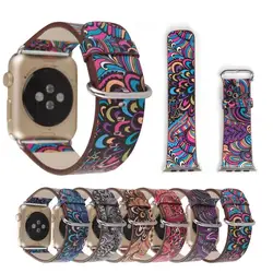 Zgf Ретро народном Стиль кожаный браслет для Apple Watch Series 3 2 1 группа цветочный Рисунок ремешок для iwatch ремешок с адаптеры для сим-карт