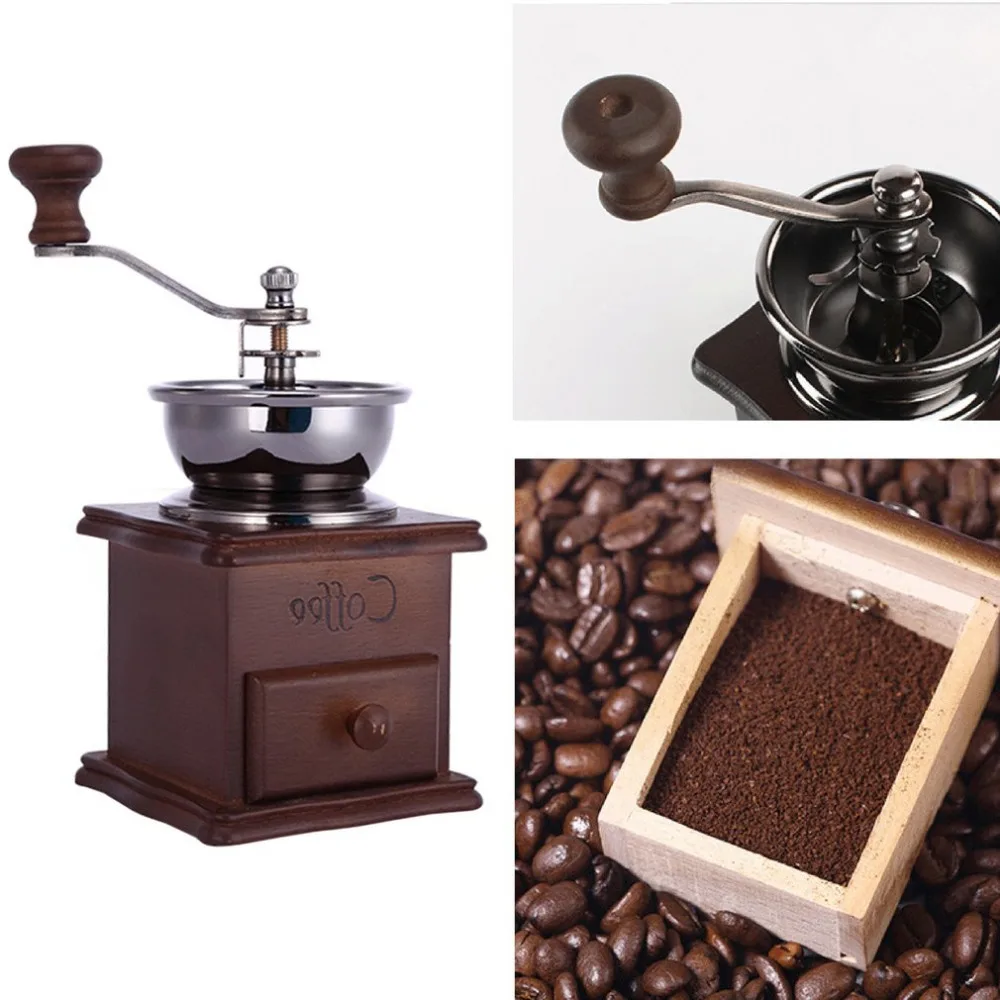 Ручная кофемолка, Кофеварка, античный внешний вид, деревянная мини-мельница из нержавеющей стали, деревянная основа, кофемолка