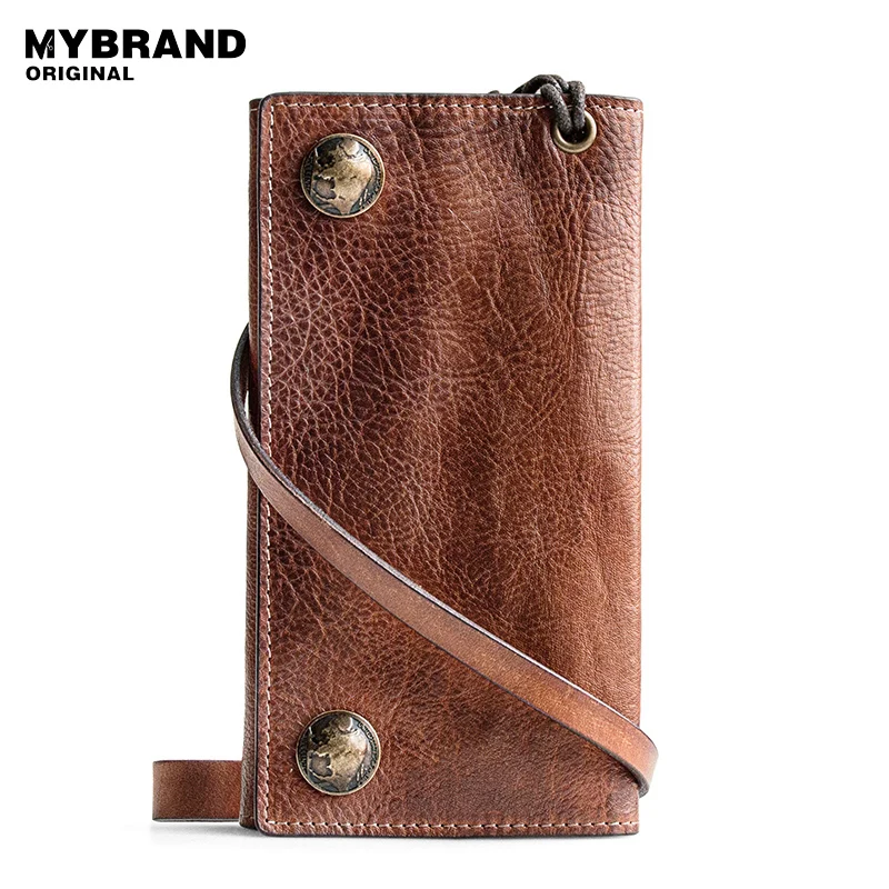 

MYBRANDORIGINAL wallet genuine leather long wallet cow leather wallet for man vintage ticket-folder with metal chain wallet Q44