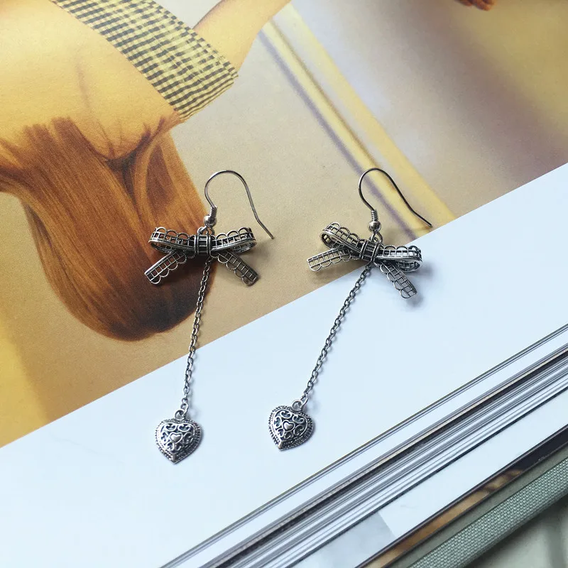 

925 sterling silver lace bow tie earrings vintage do old design lace bow temperament drop earrings for women 2018 charms jewelry