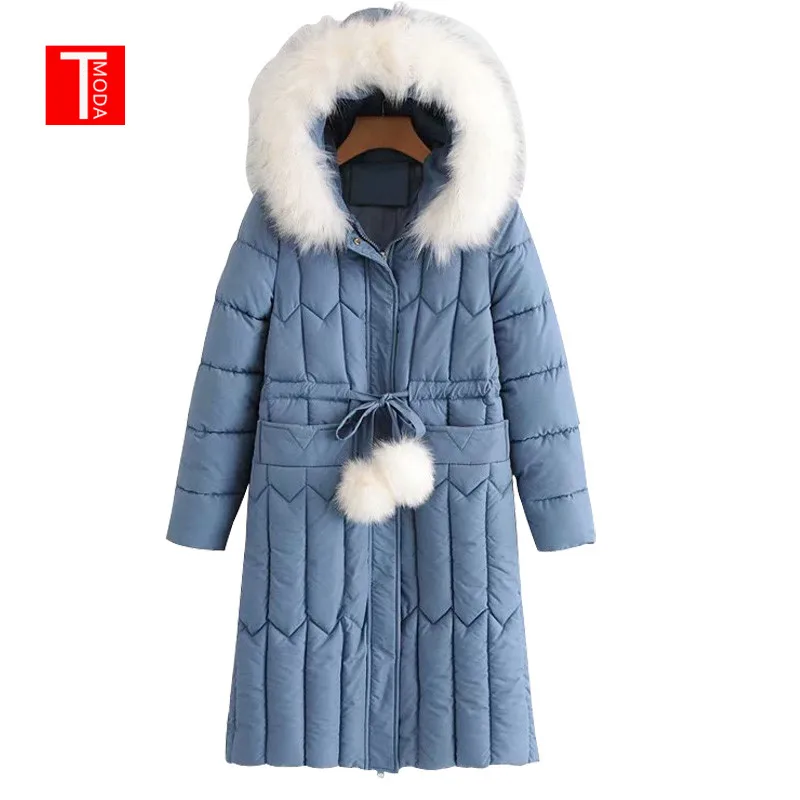 2018 Новое поступление Женская зимняя куртка с меховым воротником с капюшоном из хлопка женское синее пальто парка длинная парка Теплая
