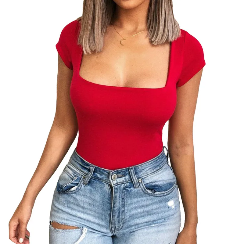 

Women Summer Short Sleeve Bodysuits Solid Street Casual Square Collar Sexy Bodycon Bodysuits Rompers Skinny Combinaison LX019