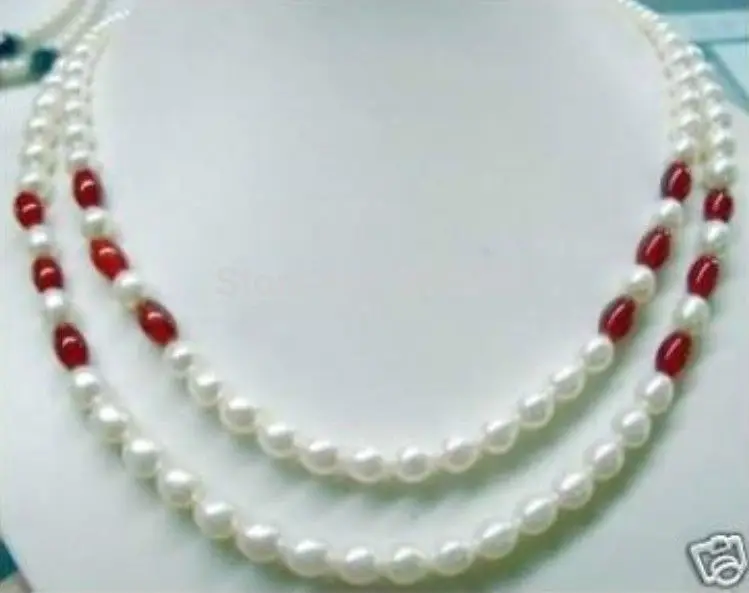 

LHX54013>>>7-8mm White pearl ruby bead necklace 2 rows