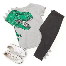 Новинка года, повседневный серый топ для маленьких мальчиков с объемным изображением зеленого динозавра, 2 предмета, футболка с короткими рукавами длинные штаны комплект летней детской одежды