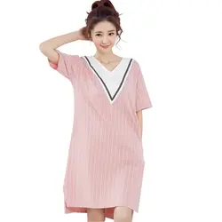 Сна платье в розовую полоску Для женщин трусы с карманом хлопковое ночное белье Ночная рубашка леди одежда для отдыха женская ночнушка