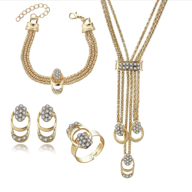 Attrtto, свадебное ожерелье с кисточкой, серьги, кольцо, браслет, наборы для новобрачных, элегантные женские ювелирные изделия, набор из нержавеющей стали, SET190009 - Окраска металла: SET190009GD