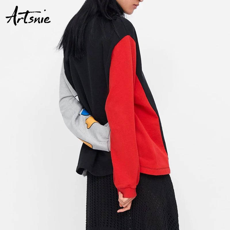 Artsnie الشارع الشهير الكرتون طباعة المرأة البلوز الربيع 2019 المتضخم هوديي يا الرقبة طويلة الأكمام محبوك عارضة بلوزات