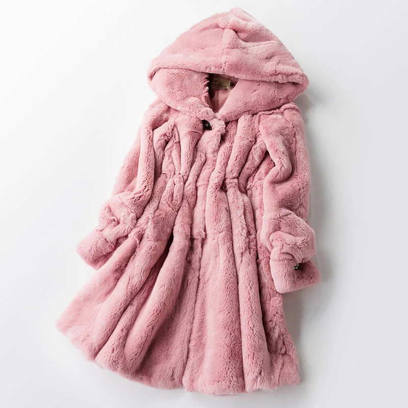 Пальто свободного кроя с капюшоном из натурального меха кролика Рекс, верхняя одежда для женщин, трапециевидная линия, Кристальный камень, большая нижняя кромка, натуральный мех, куртки, зима - Цвет: 4